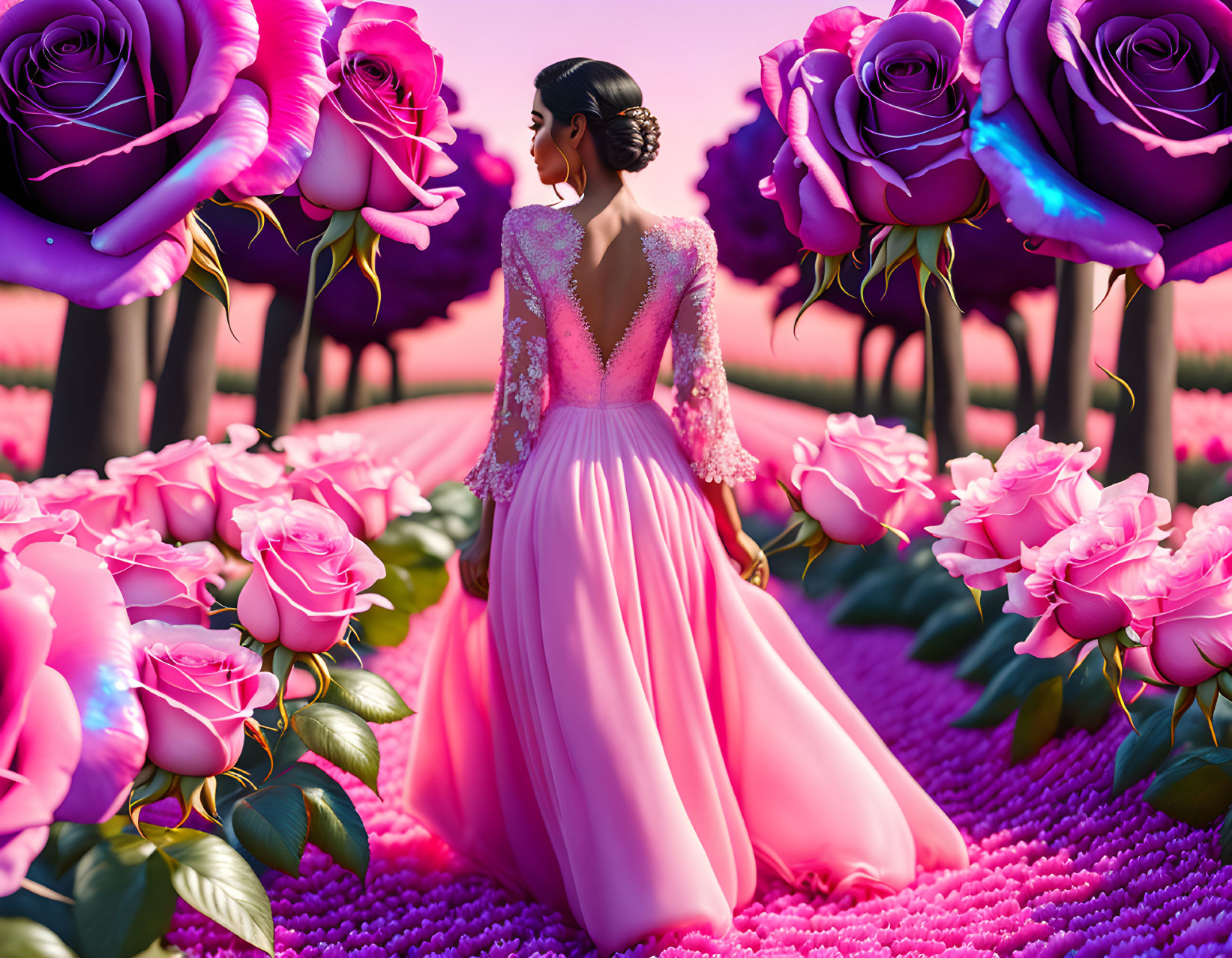 Woman in Pink Dress Surrounded by Oversized Roses in Dreamlike Garden