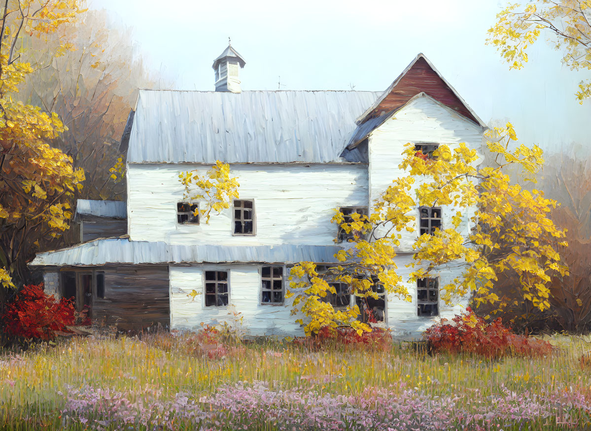 White farmhouse with metal roof in autumn setting.