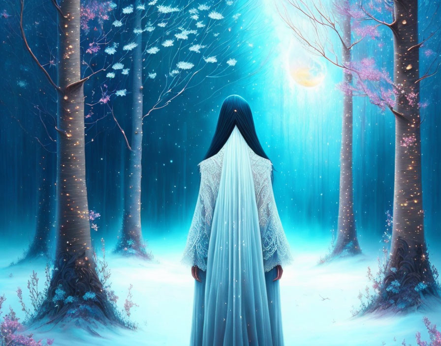 Person with long hair in mystical forest with glowing pink blossoms and bright orb among blue trees