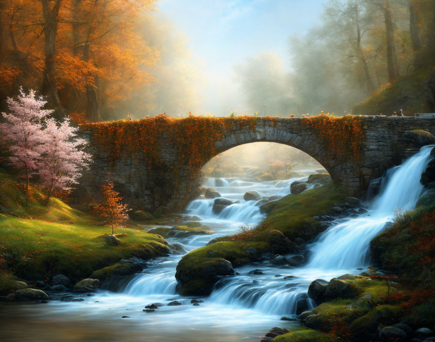 Stone bridge surrounded by autumn foliage over river with waterfalls and misty banks