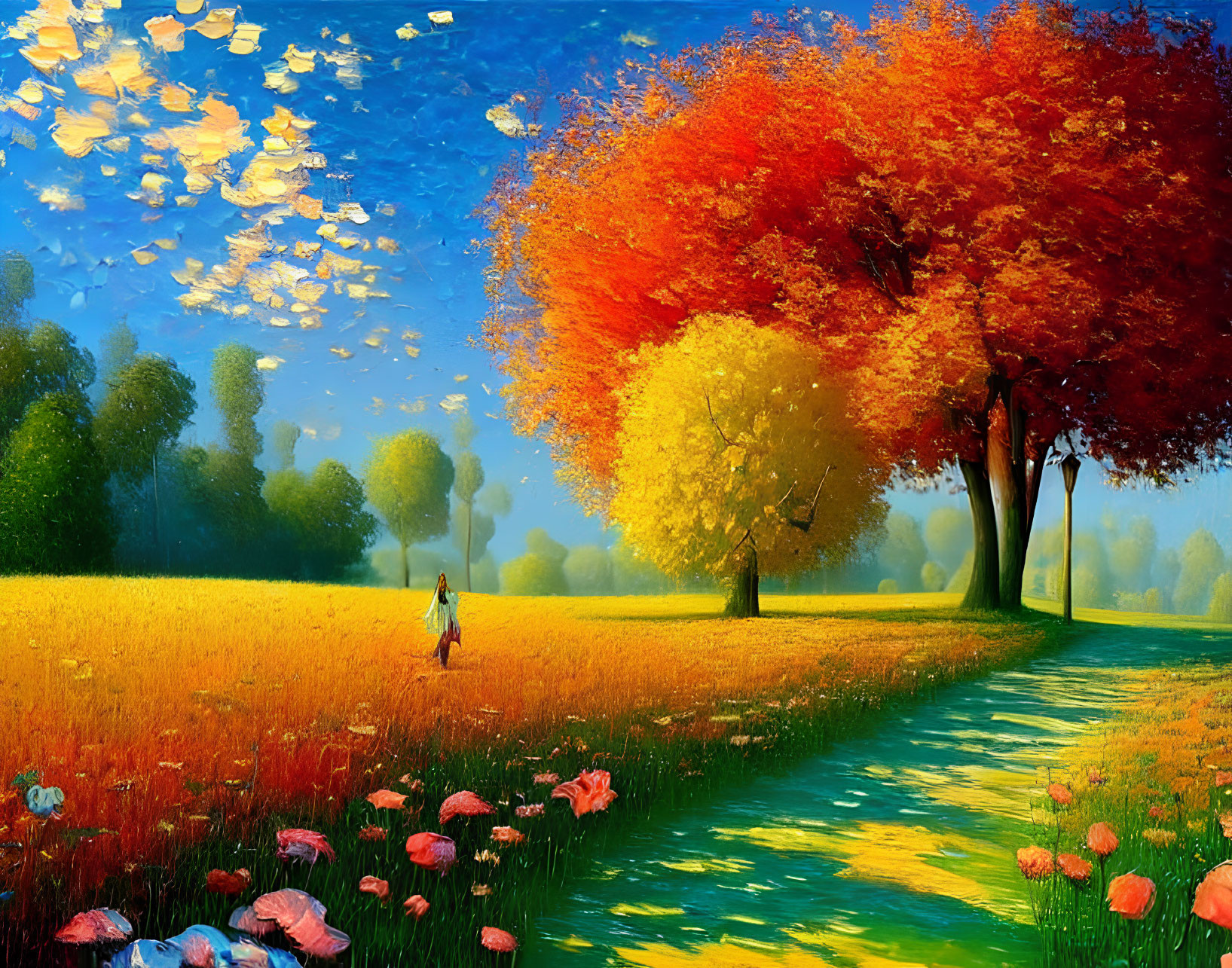 Colorful autumn landscape with person walking among red and yellow trees