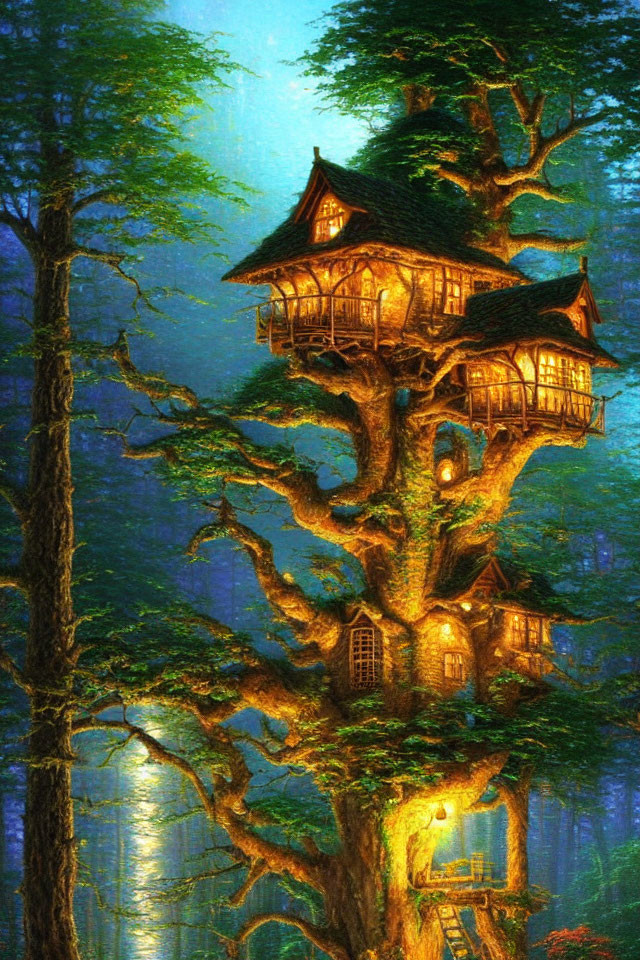 Enchanting multi-story treehouse in mystical forest