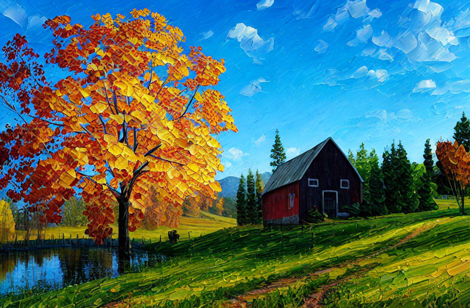 Vibrant multicolored tree, wooden barn, pond, blue sky - picturesque autumn scene