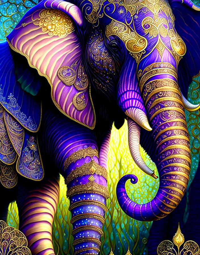 Colorful Stylized Elephant Artwork with Gold, Purple, and Blue Patterns