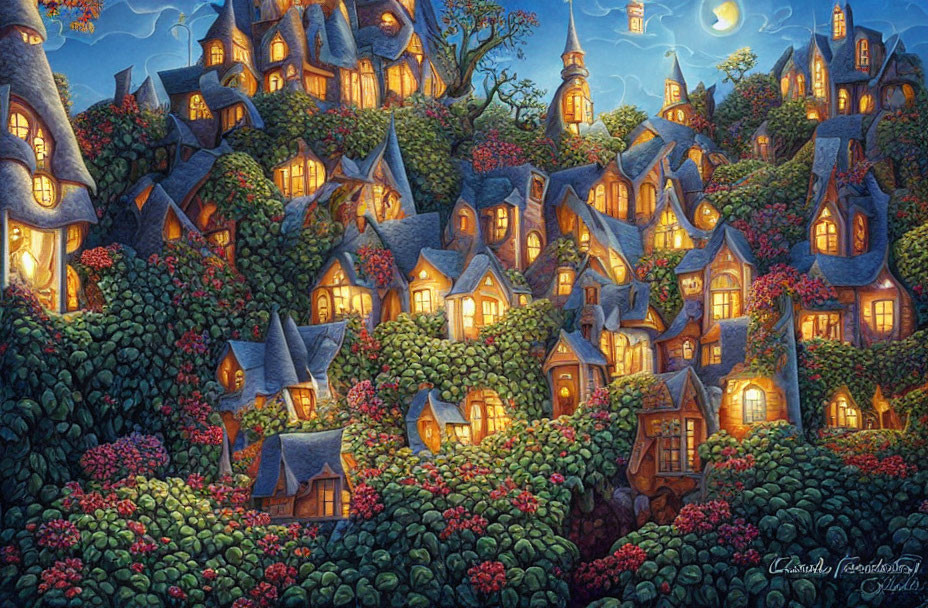 Twilight village with cozy houses and glowing lanterns