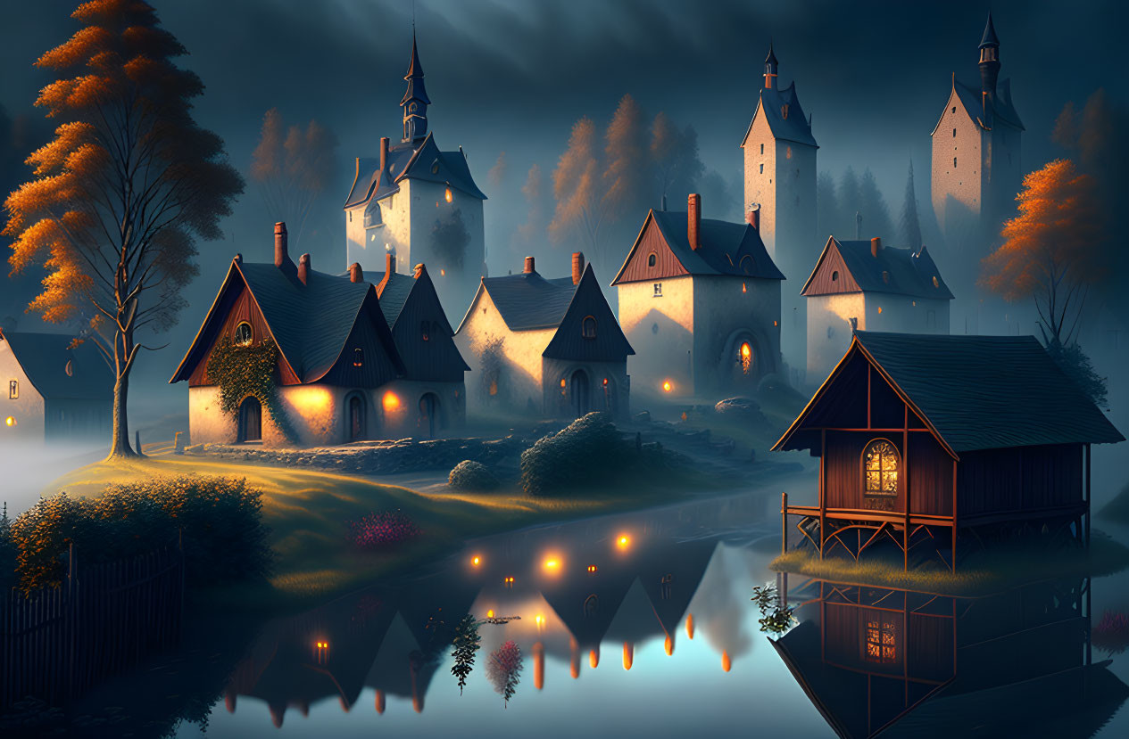 Medieval village at twilight with illuminated cottages, lake, autumn trees, and castles.