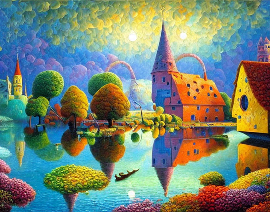 Colorful Painting of Whimsical Village with Unique Houses and River