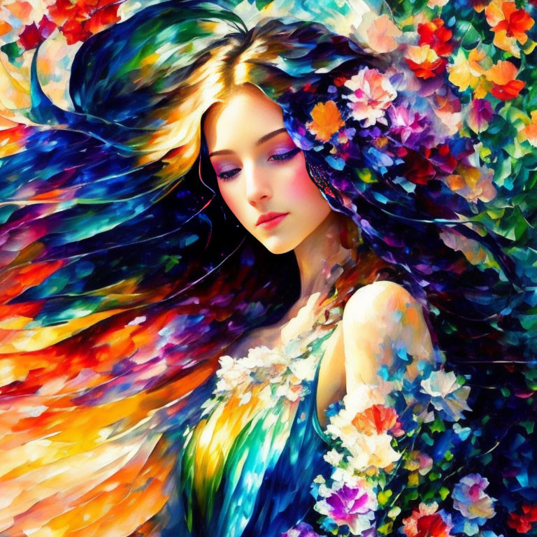 Colorful illustration of woman with flowing hair and flowers.