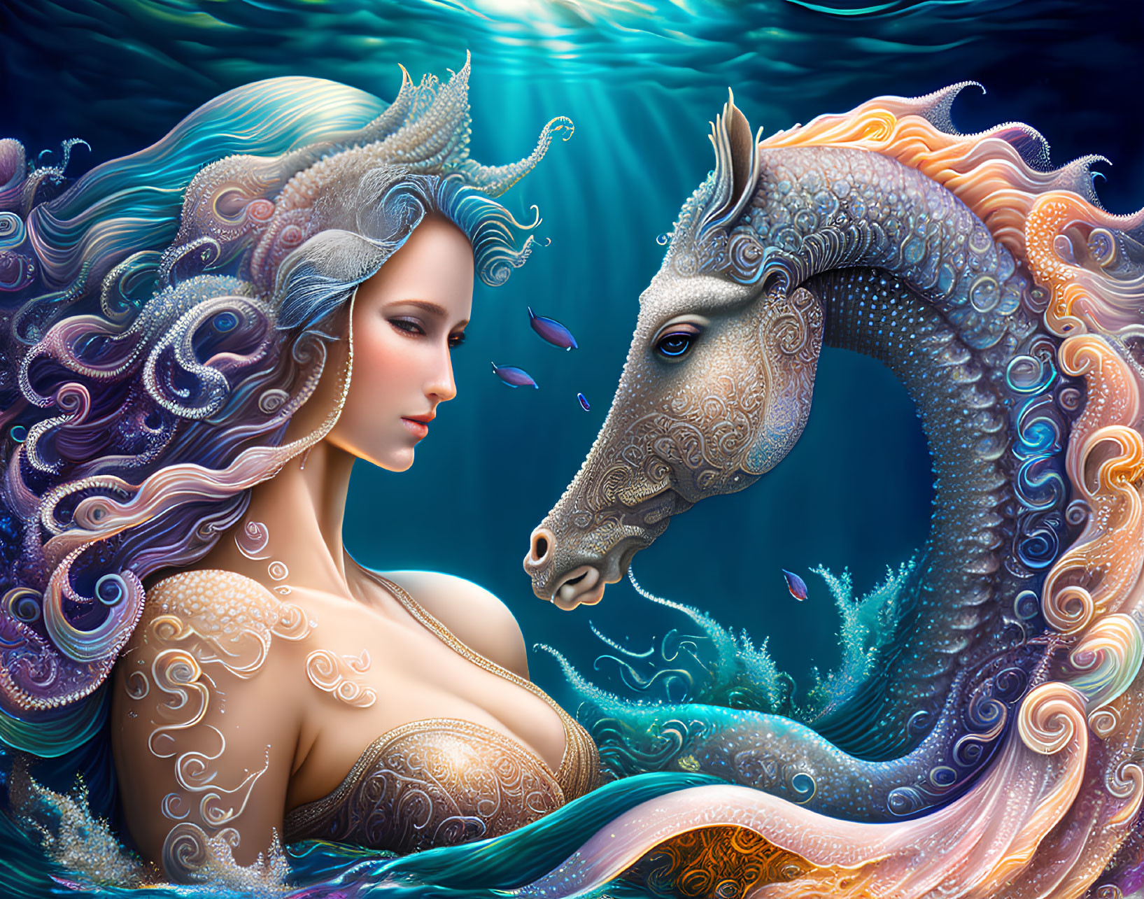 Mystical mermaid and seahorse in underwater scene