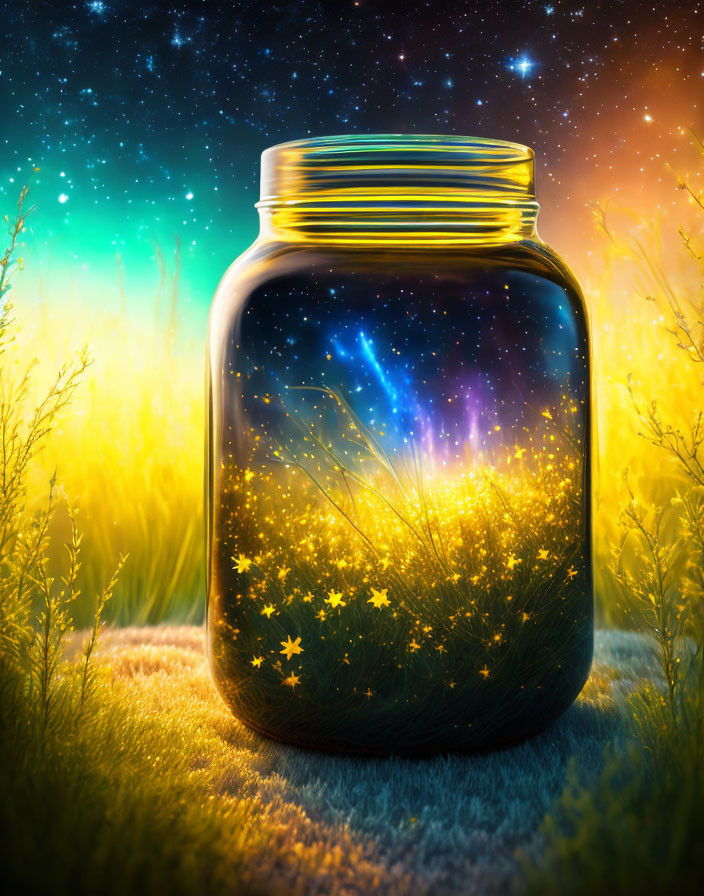 Glass jar with vibrant night sky and stars in cosmic setting