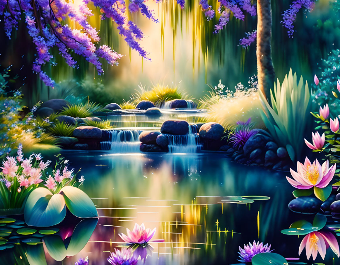 Tranquil waterfall surrounded by lush greenery and vibrant flowers