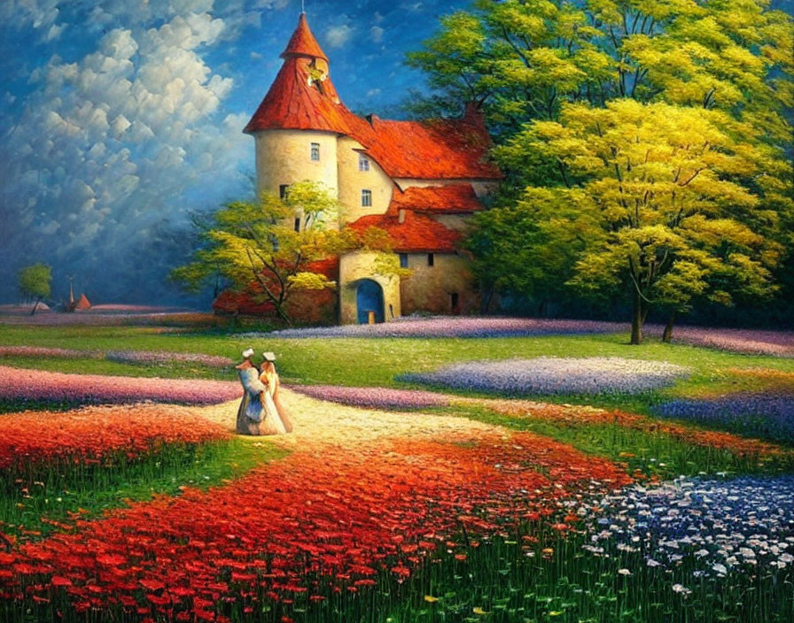 Colorful painting of couple walking to castle amid flowers and trees