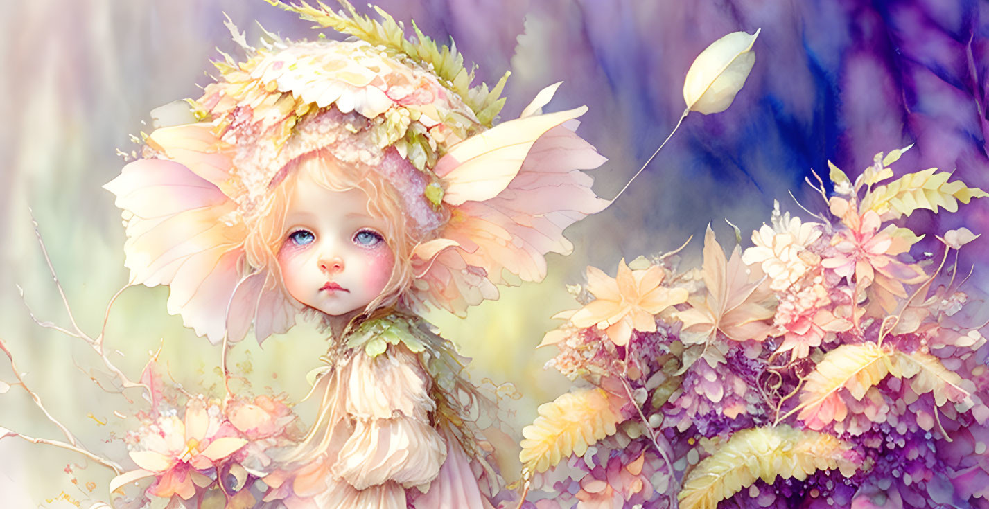 Whimsical child surrounded by flowers and leaves in dreamlike digital painting