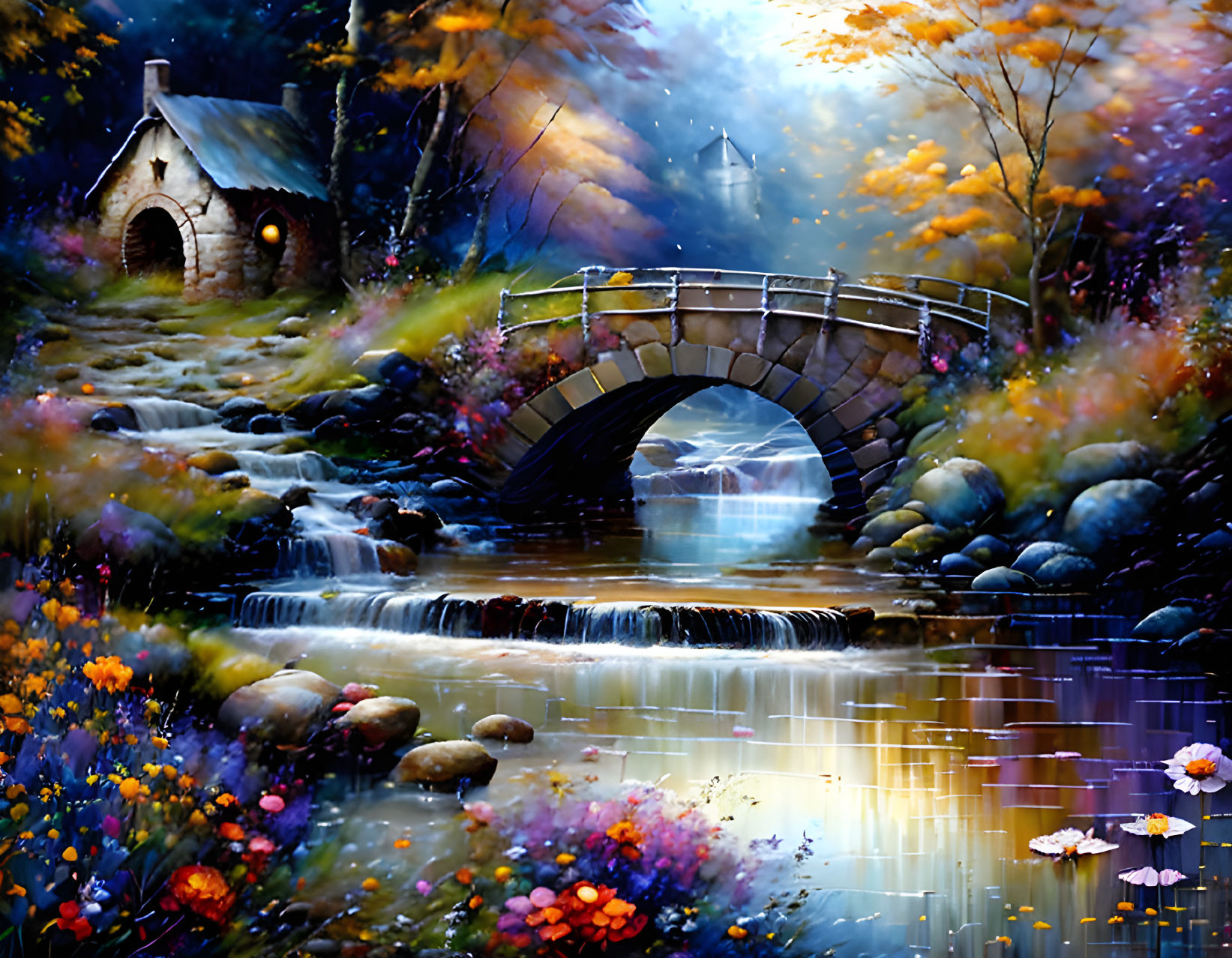 Autumn landscape: cottage, stream, stone bridge, vibrant trees, colorful flowers