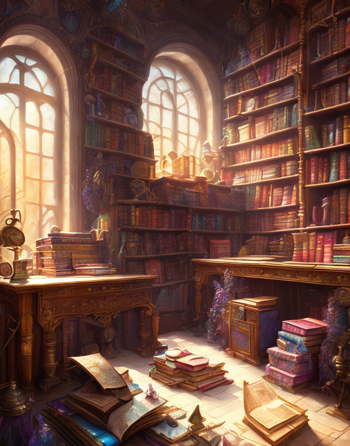 Sunlit library with towering bookshelves and floating books