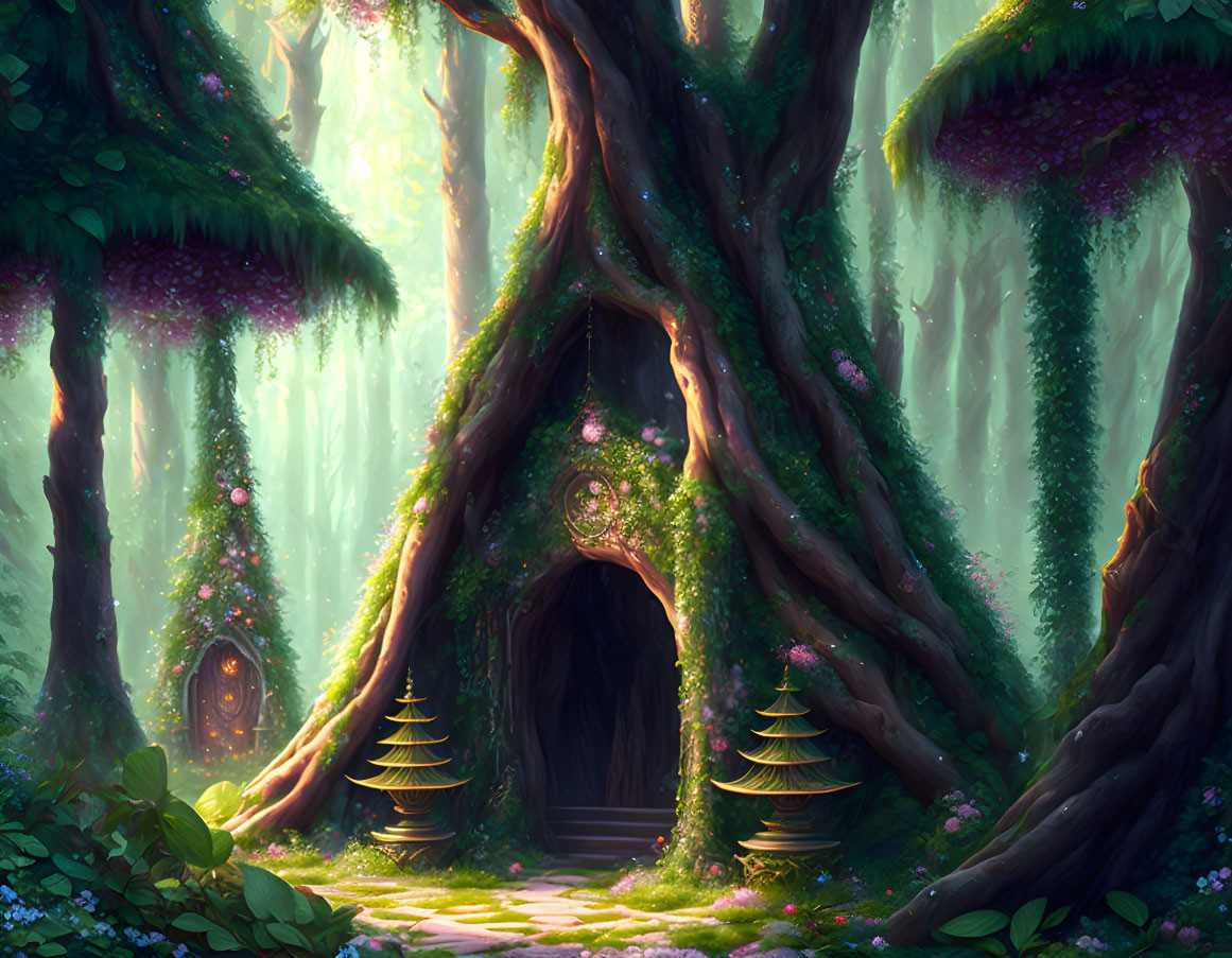 Mystical forest with large tree, doorway, round windows, lush greenery