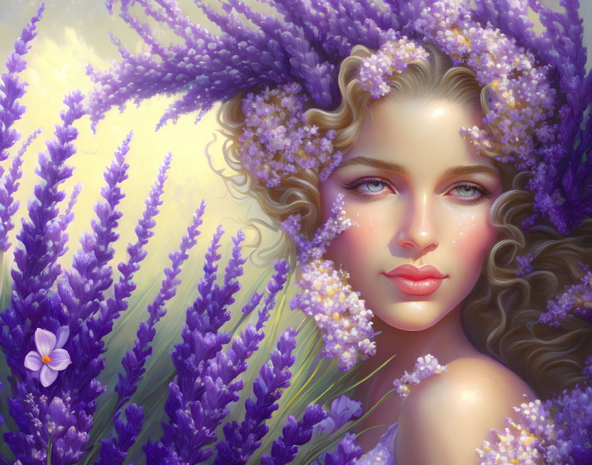 Woman with wavy hair and lavender flowers in lavender field, soft gaze and blue eyes.