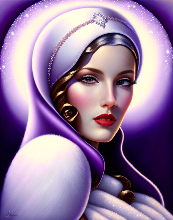 Digital portrait: Woman with red lips, star on forehead, purple and white shawl, glowing aura