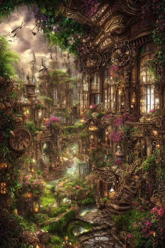 Enchanted garden with lush greenery and ornate structures