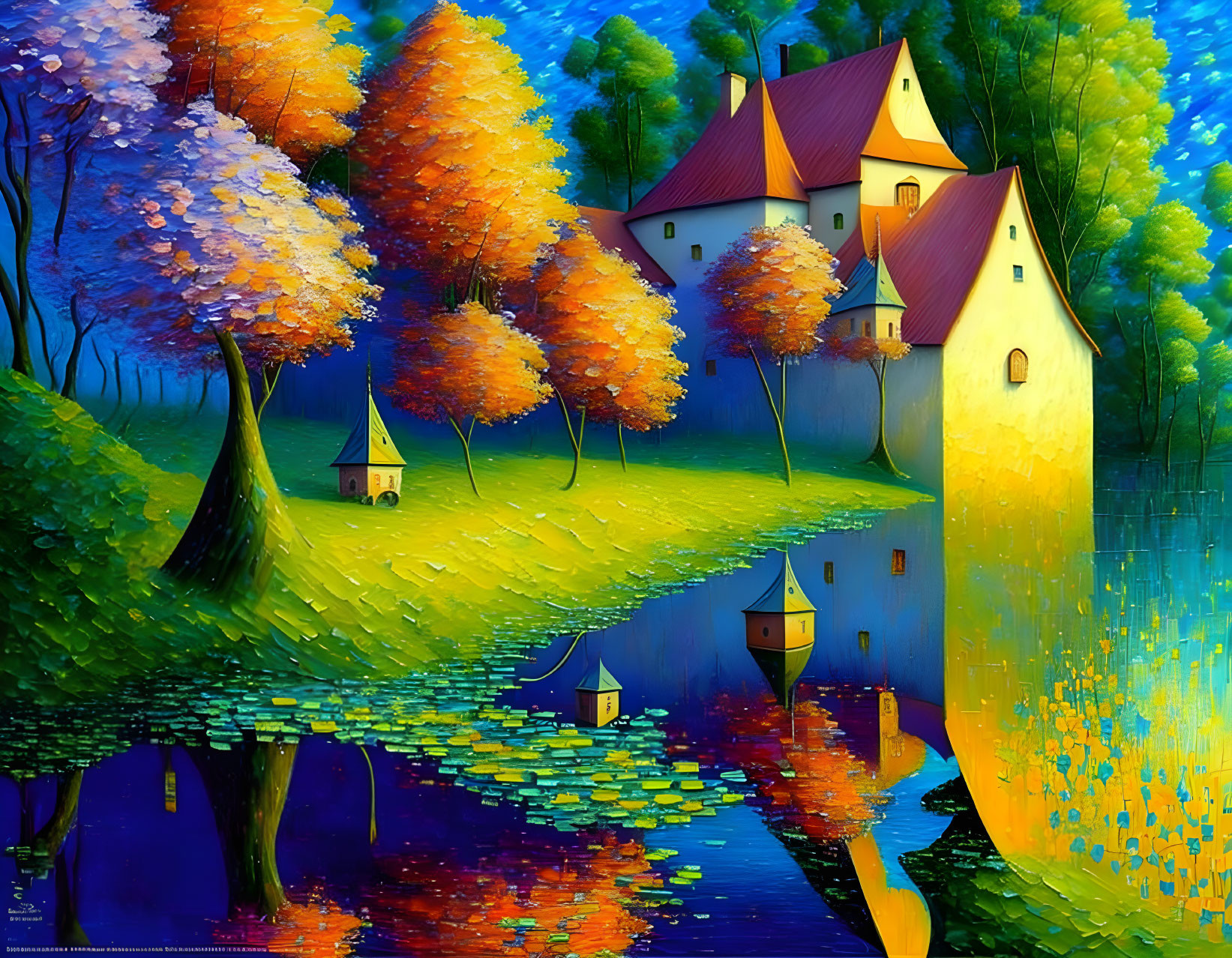 Colorful autumn scene with whimsical castle and trees reflected in water