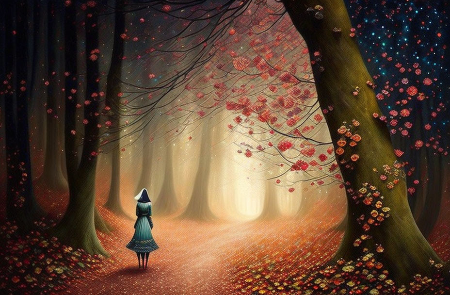 Enchanted forest scene with person in blue cloak