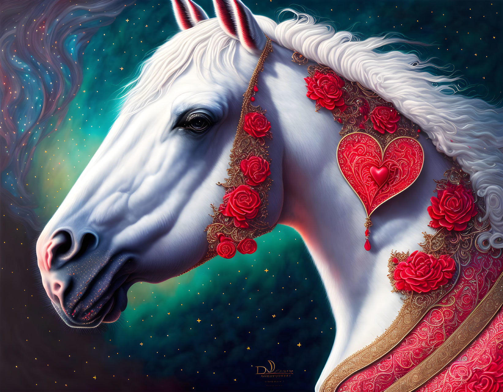 White Horse Digital Painting with Red Roses and Heart Ornament on Starry Background