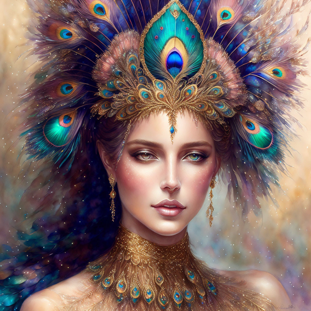 Luxurious Peacock Feather Headdress and Gold Jewelry on Woman