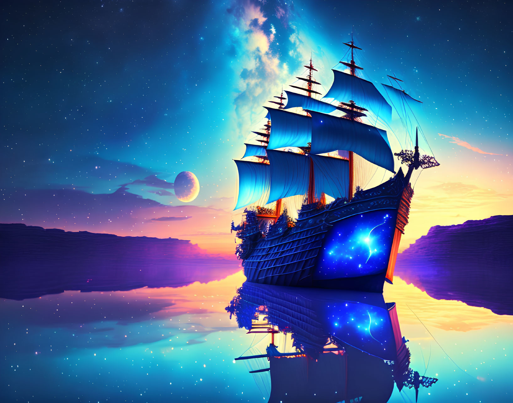 Fantastical illuminated sail ship on calm waters under starry sky