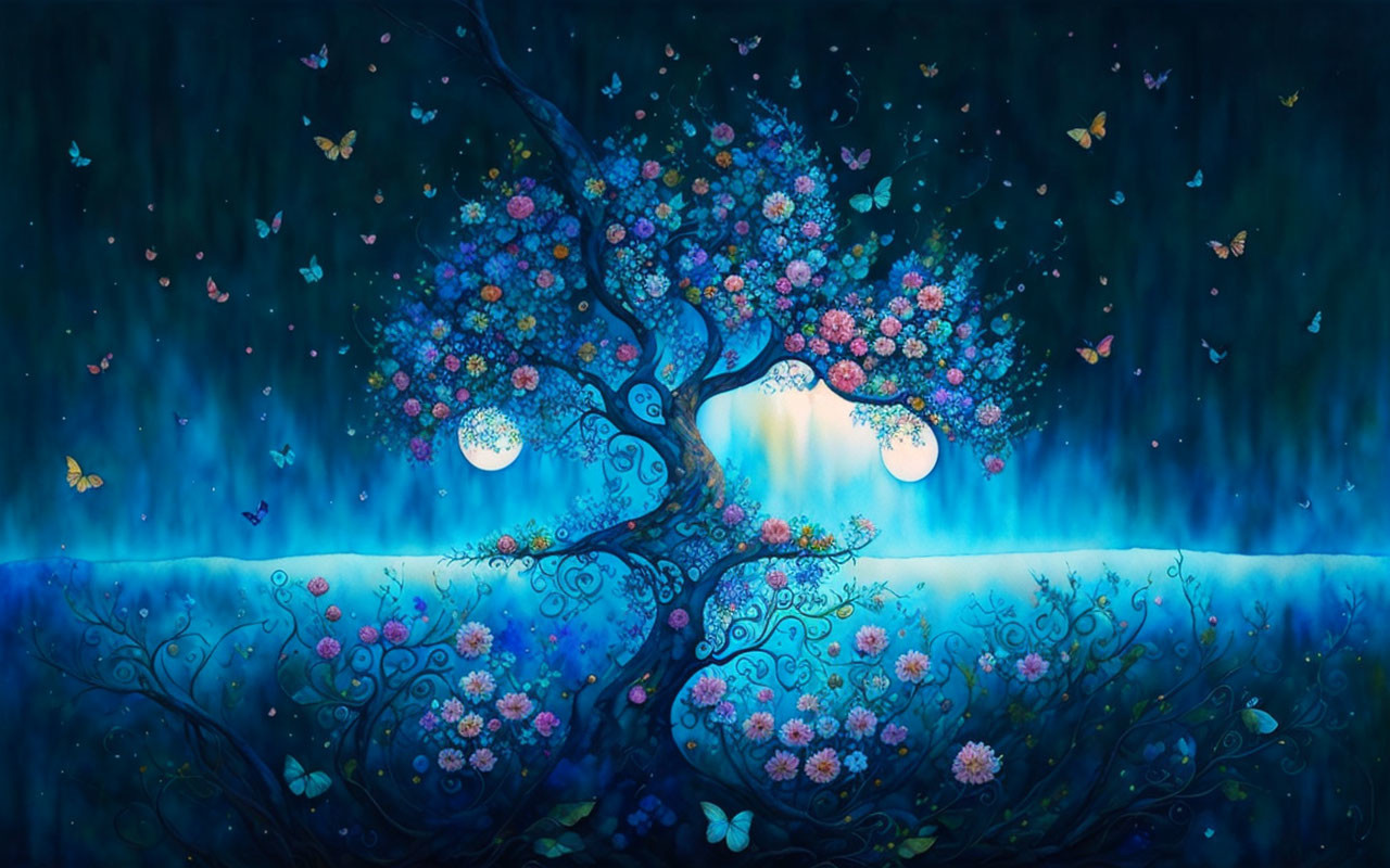 Colorful Whimsical Tree Artwork with Butterflies on Moonlit Blue Background