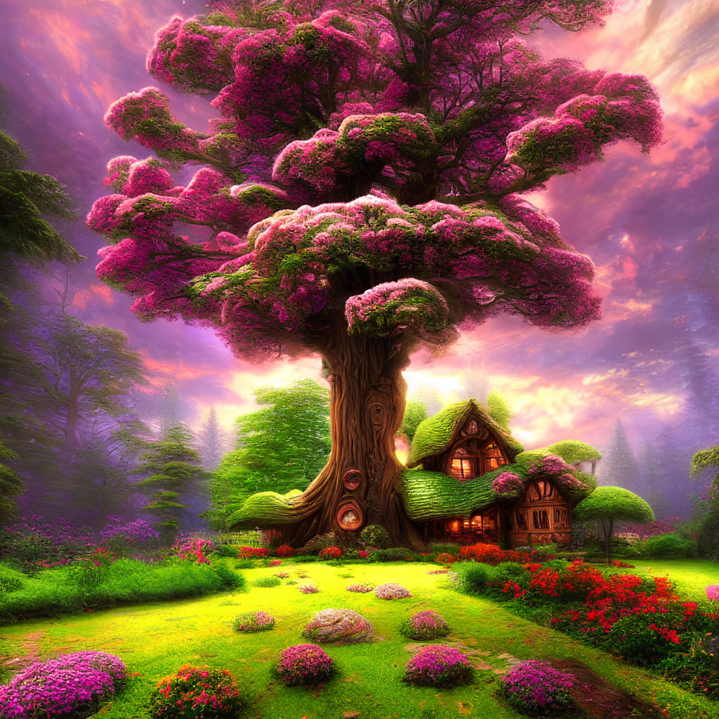 Vibrant pink foliage treehouse in lush garden