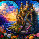 Colorful Whimsical Castle Puzzle with Sunset Sky and Sea