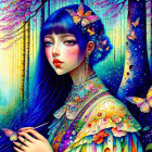 Colorful Illustration of Woman with Blue Hair in Whimsical Forest