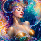 Ethereal woman with decorative crown in colorful bubble-filled scene