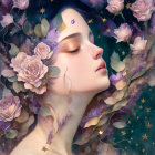 Woman in Purple Rose and Cosmic Element Artwork