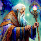 Illustration of wise wizard with white beard, ornate robe, holding glowing staff in mystical setting