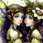 Twin fairies illustration with large blue eyes and leafy hats in forest outfits