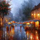 Impressionistic painting of rainy cobblestone street