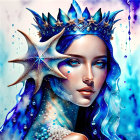 Blue-skinned woman with ocean-themed crown in digital artwork.