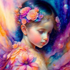 Child portrait with flower hair in colorful, dreamy swirls