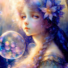 Illustration of girl with blue eyes, bubbles, butterfly in mystical forest