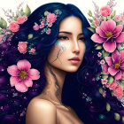 Illustration of woman with flowing blue hair and vibrant pink flowers.