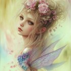 Digital art portrait of woman with flower-adorned hair, pastel tones, ethereal vibes,