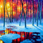 Colorful Forest Painting with Warm and Cool Tones Reflecting on Water