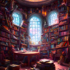 Circular library with towering bookshelves, gothic windows, chandelier, and scattered books