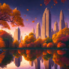 Colorful autumn scene: trees, lake, park, skyscrapers, twilight sky.