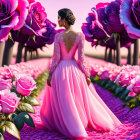 Woman in Pink Dress Surrounded by Oversized Roses in Dreamlike Garden