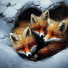 Three foxes in snow-covered den with icicles