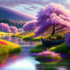 Serene landscape with pink blossoming tree, boat, lush hills