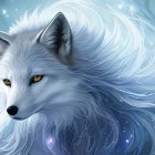 White wolves with yellow eyes in snowy forest with snowflakes.