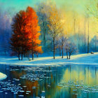 Tranquil winter landscape with snow, autumn trees, and twilight water